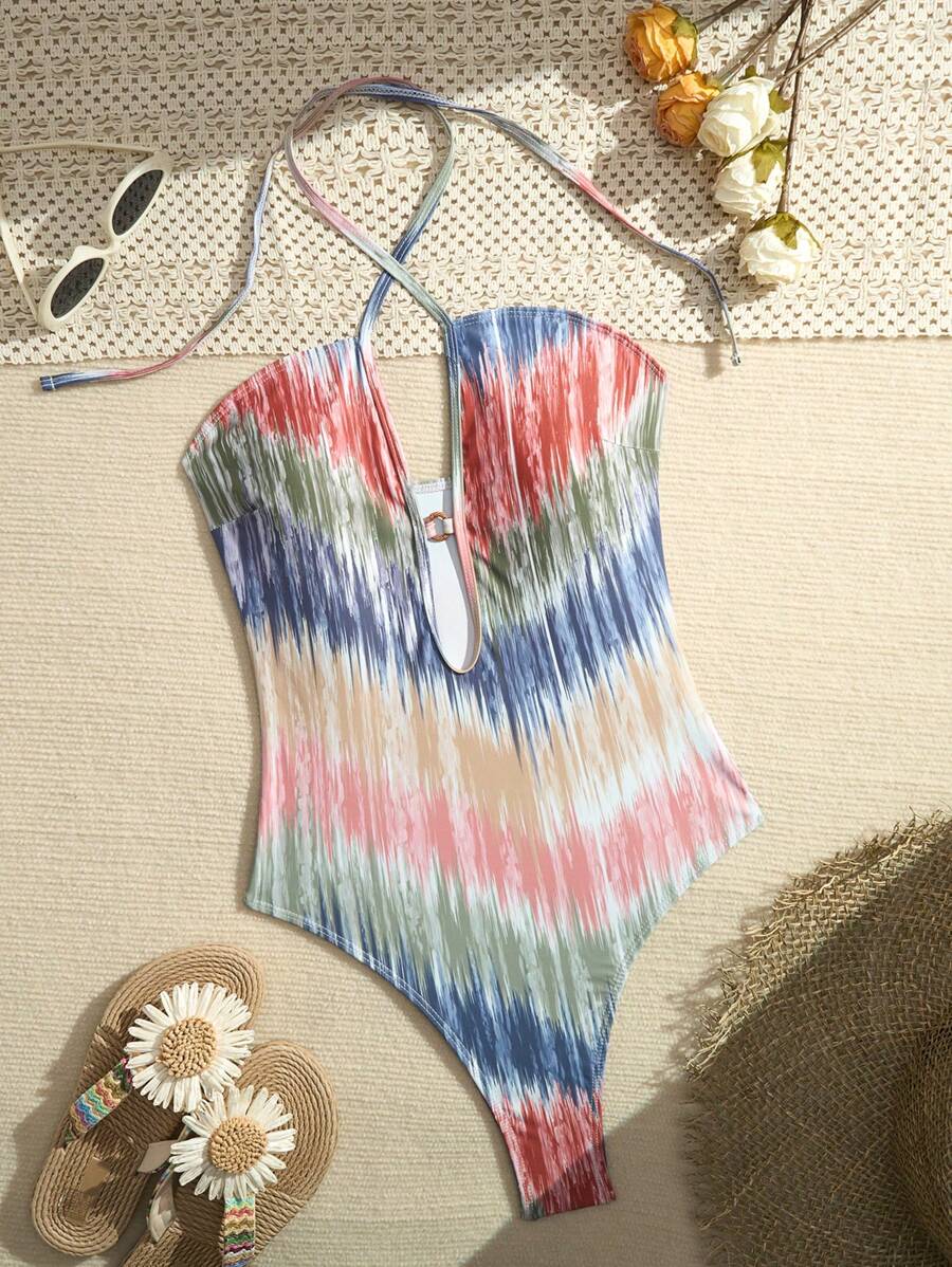 New Fashion Striped Hollow Circle Backless Halter One-Piece Swimsuit, For Summer Beach Vacation - Multicolor - View 1