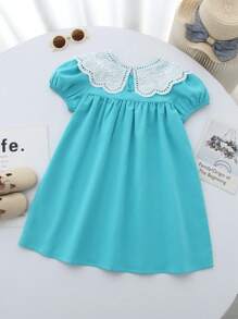 年轻女孩休闲时尚娃娃蕾丝边宽松沙滩裙派对公主裙夏季 - 淺色水洗藍 - 查看 2