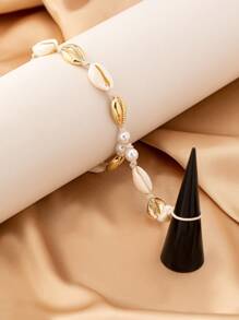 1 件贝壳珍珠链脚链，欧美流行海洋度假风格脚趾环，贝壳和钻石吊坠数量随机