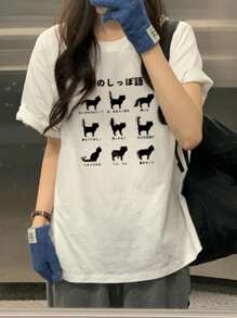 女士夏季休闲可爱日本小猫印花圆领短袖 T 恤 - 白色 - 查看 6