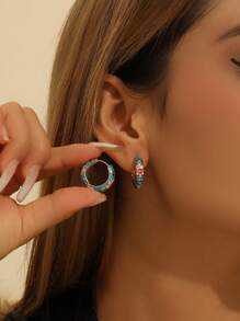 1Pair Fashion Copper Material Flower Pattern Hoop Earrings Jewelry For Women Girls - Blue - View 2