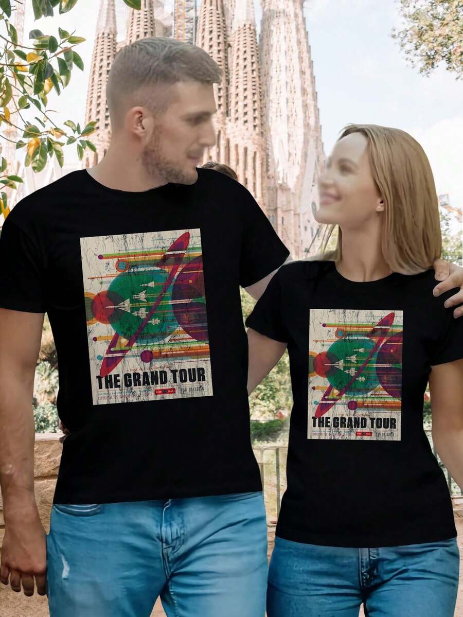 Lovers' T-Shirts Grand Tour Vintage Space Race Poster Tees For Women - Couples Shirts Matching Outfits Retro Style - Black - View 1