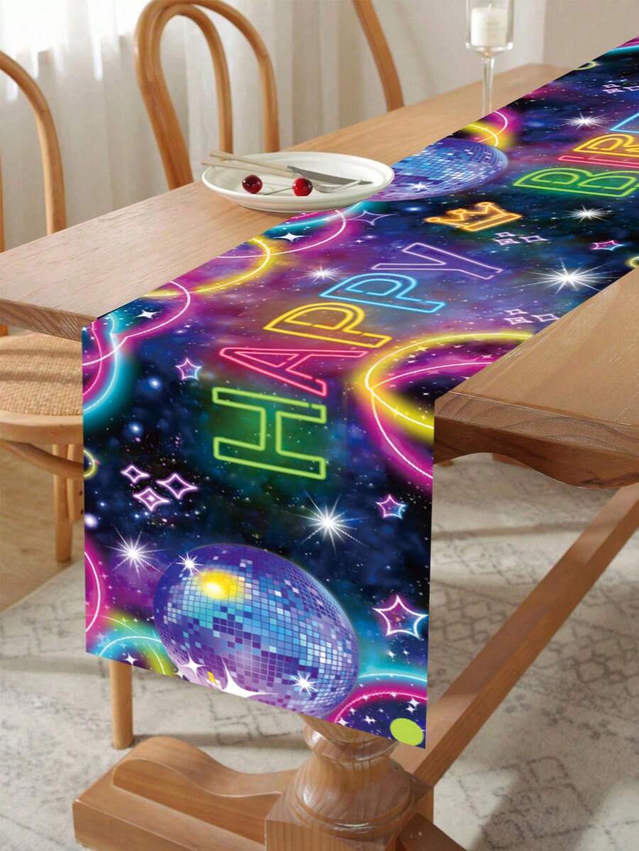 1Pc Fluorescent Ball Happy Birthday Table Runner, Polyester Table Cover Tablecloth, Happy Birthday Party Decorations Table Runner Holiday Party Table Decor, Babe Shower Gender Reveal Party Decor, Sparkling Disco Party Decor, Home Decor, Table Decor - Glow Ball Birthday - View 1