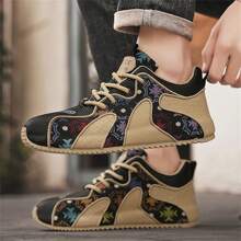 Men's New Printed & Embroidered Chunky Sneakers, Soft Bottom Versatile Casual Sports Anti-Slip Skate Shoes, All Season