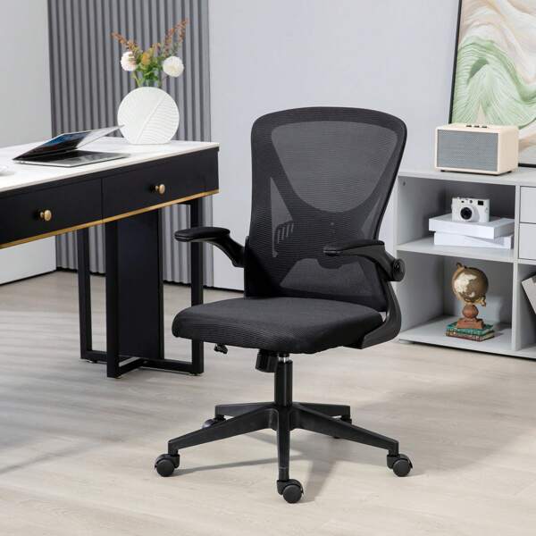 Vinsetto Ergonomic Mesh Office Chair With Flip-Up Armrests, Height Adjustable Computer Chair With Swivel Wheels, Black