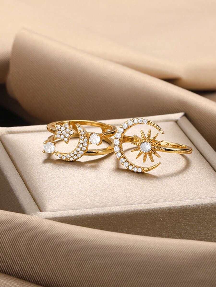 Gold Color Star Moon Zirconia Ring For Women Aesthetic Adjustable Open Finge Ring Jewelry Accessories ﻿