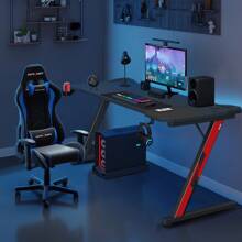 Gaiming Table 180cm Gaming Desk Gamer Computer Table Ergonomic PC Desk With Cable Storage Box, Cup Holder And Headphone Holder T-Shaped (Black, 180 X 70 X 75 Cm) - 黑色 - 查看 9