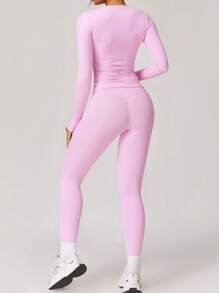 NcmRyu 1 Set Solid Color Women S Long Sleeves Solid Crop High Waist Biker Pants Tracksuit Set StreetwearTracksuit Sporty Breathable Comfy Outfits For Gym Workout Running Ladies Sportswear Minimalistic Outfit Cute Going Out Tops ﻿Summer - 粉色 - 查看 2