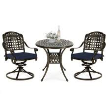 VIVIJASON 3-Piece Patio Bistro Set, Outdoor All-Weather Cast Aluminum Furniture Dining Set, Include 2 Swivel Chairs And 31" Round Table W/Umbrella Hole For Balcony, Lawn, Garden - 深古銅色/海軍藍 - 查看 7