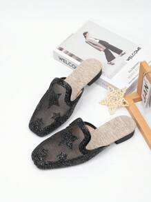 Women's Sequin Star Decoration Square Toe Slip-On Low Heel Flats, Gold/Silver/Black, Mesh Breathable Closed Toe Summer Mule Sandals Can Wear With Dress