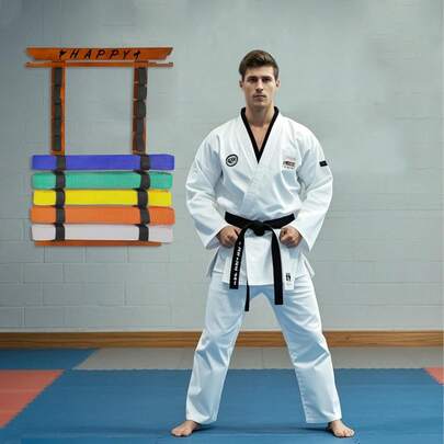 10 Belts Karate Display Rack With Medal Hanger & Stickers – Taekwondo Belt Organizer Holder For Home Or Office Christmas Decorations For Taekwondo Coaches, Students And Enthusiasts Walnut/Bamboo