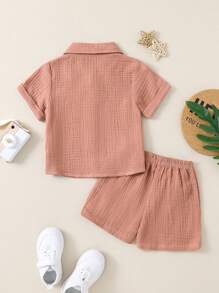 Toddler 2Pcs Summer Outfits, Short Sleeve Button Down Lapel Shirt + Shorts Set Baby Clothes - Rose Red - View 3