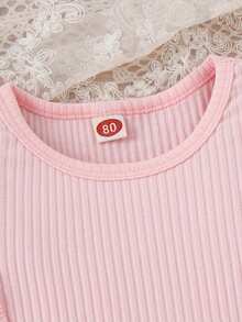 Toddler Girls Autumn Outfit Sets Pink Long Sleeve Ruffle Ribbed Tops + A-Line Plaid Skirt With Belt - 粉色 - 查看 6