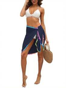 Women's Beach Sarong Coverups Short Bathing Suit Wrap Skirt Beach Wrap Swimsuit Cover Ups With Colorful Tassel - 藏青色 - 查看 3