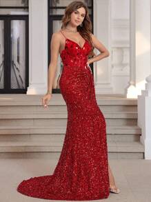 Vestidos largos de fiesta de estilo sirena con abertura alta, de lujo, con cristal de vidrio, con tirantes finos y espalda cruzada, vestido de fiesta formal elegante para invitados de boda - Burdeos - Ver 8