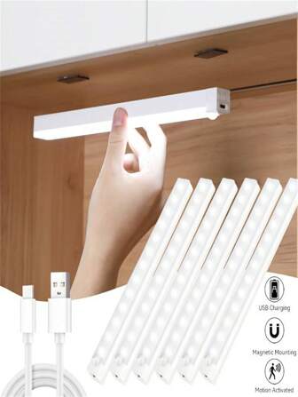 1st/6st rörelsesensor LED-ljusstång, USB-uppladdningsbar väggmonterad skåpbelysning med sensor för hall, skafferi, garderob, kök, badrum (200mAh/350mAh)