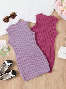Young Girls Plain Ribbed Sleeveless Casual Dress 2 Pieces Set