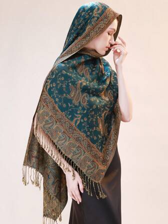 FADZOYLE 1 件佩斯利提花围巾双色羊绒披肩头巾头巾沙滩罩裙羊绒触感柔软丝滑围巾流苏日常生活晚礼服旅游办公室婚礼和礼物