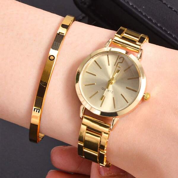 1pc Graduation Digital Small Disc Girls Steel Strap Watch And 1pc Bracelet Jewelry Set For Ladies