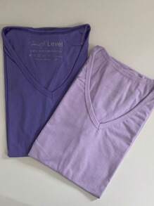 V Neck T-Shirt Kits Women's Clothing Blouse And T-Shirt 100% Cotton Fabric Quality Modern - 薰衣草和活力 - 查看 2