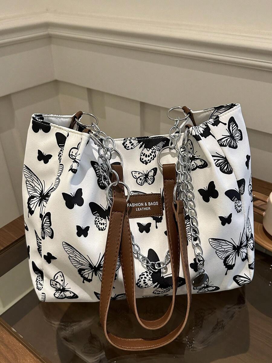 时尚条纹手提包 - 女士大容量单肩包 - 日常使用的拉链托特包 - 金属链条托特包 简约链条单肩托特包 适合少女、女大学生、新人及白领人士 非常适合办公室、工作、商务、通勤 适合女性返校学生的最佳工作包