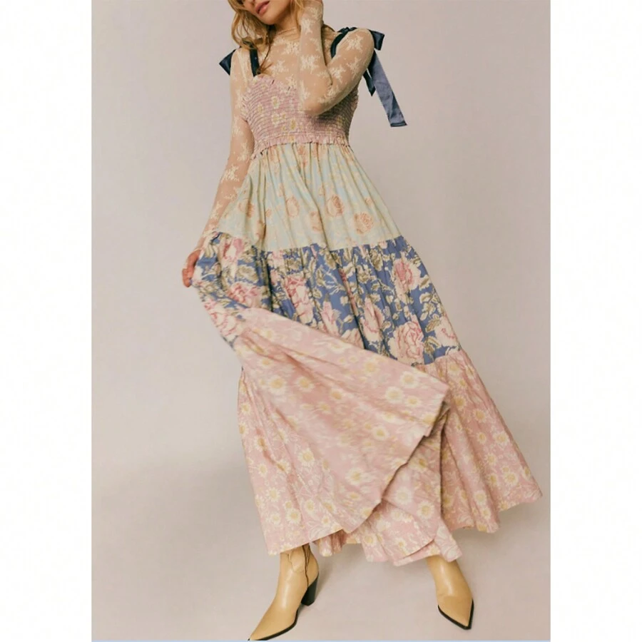 Women Summer Casual Cami Long Dress Floral Print Tie-Up Shoulder Straps Sleeveless Dresses Long Dress Summer Vacation Beach Sundress Big Swing A-Line Dress - Hồng - Xem 1