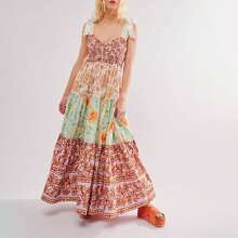 Women Summer Casual Cami Long Dress Floral Print Tie-Up Shoulder Straps Sleeveless Dresses Long Dress Summer Vacation Beach Sundress Big Swing A-Line Dress - Màu tím hoa cà - Xem 1