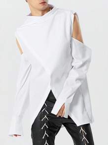 INCERUN Fashion Mens Stand Neck Cut Out Off-Shoulder Long Sleeve Tops Asymmetric Hem Casual Loose Shirt Blouse - 白色 - 查看 1