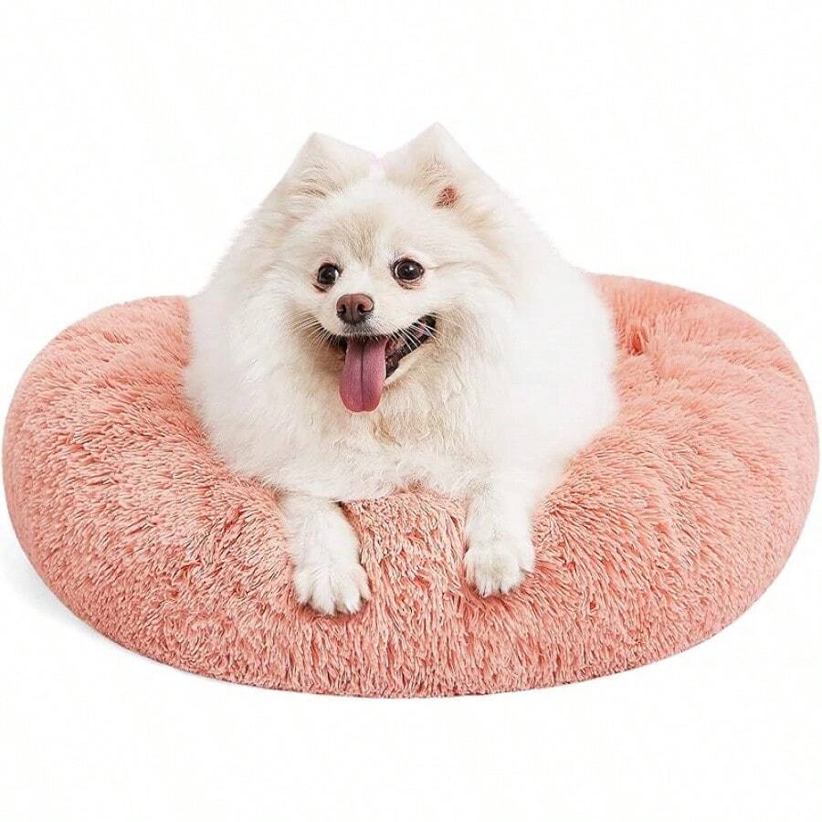 Calming Beds Indoor Cats, 20'' Kitten Donut Beds Pet Up To 15lbs, Fluffy Small Cuddler, Anti-Anxiety Plush Faux Fur Large Pet Bed Washable (20'', Brown) - 粉色 - 查看 1