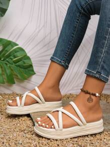 女士厚底条纹图案凉鞋，时尚夏季平底拖鞋交叉带运动凉鞋，纯米色厚底凉鞋，适合搭配连衣裙、比基尼和裤子 - 白色 - 查看 2