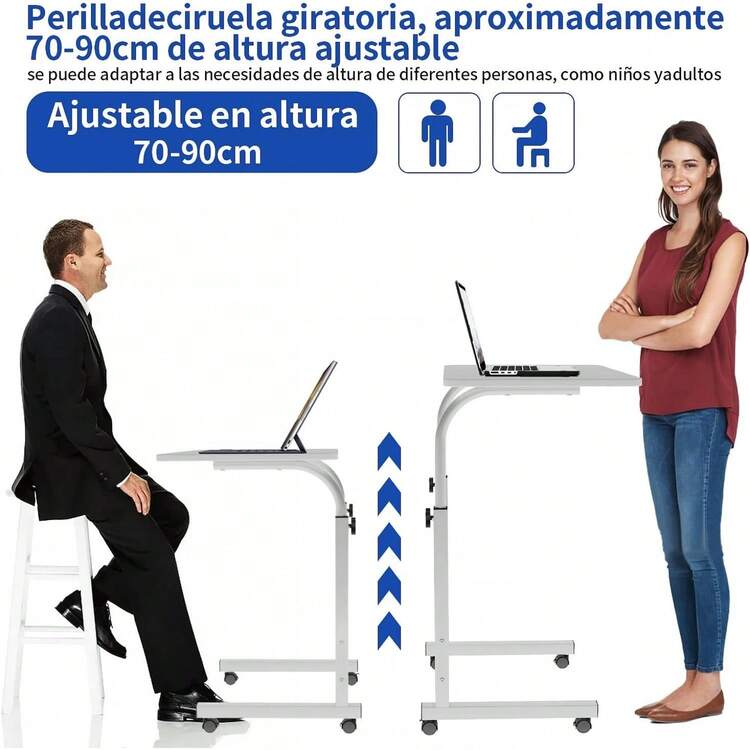 VELI Escritorio Portatil, Mesa para Laptop, Escritorio de Computadora y Trabajo, Mesa Auxiliar móvil con Ruedas, Mesa para Cama de Altura Ajustable con Estructura en Forma de C (Blanco, 60cm) - Blanco - Añade 6