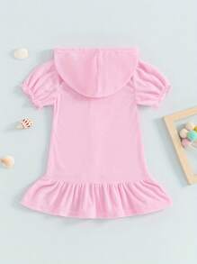 Little Girl Swim Cover Up Casual Loose Solid Color Short Sleeve Ruffled Zipper Hooded Swimsuit Toddler Bathing Suit - Pink - View 3