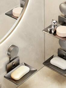 1 件/3 件现代灰色金属肥皂盒带吸盘，壁挂式肥皂架带排水，浴室搁板收纳架，浴室配件，无损安装