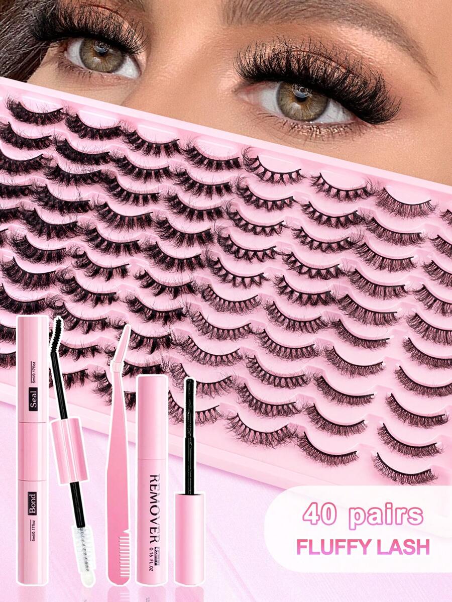 40 件/套 10-17 毫米 3D 仿貂皮睫毛，包括 3D 合成睫毛、睫毛胶、睫毛分离器、卸妆液、镊子、睫毛刷，适用于婚礼、派对、日常使用，可单独购买 - 黑色 - 查看 1