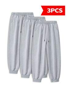 3-Pack Simple Solid Color Outdoor Exercise Pants, Men's Four-Season Running Fitness Pants With Cuffs, Waist Drawstring Adjustment, Men's Versatile Casual Pants, Men's Loose Trousers - 淺灰色+淺灰色+淺灰色 - 查看 2