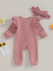 Mono de otoño para niña pequeña, color liso, cuello redondo, mangas voladoras, volantes, cremallera, mono con lazo en la cabeza - Rosa - Ver 3