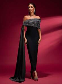 女士秋季串珠系带拼接露肩修身端庄长款晚礼服