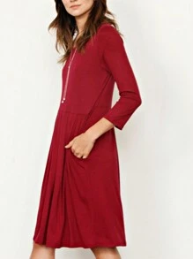 Boho Retro Rayon Cool Soft Summer Cuff Short Sleeve Crew Neck T Shirt Mini Dress Tunic With Pockets - 紅色 - 查看 3