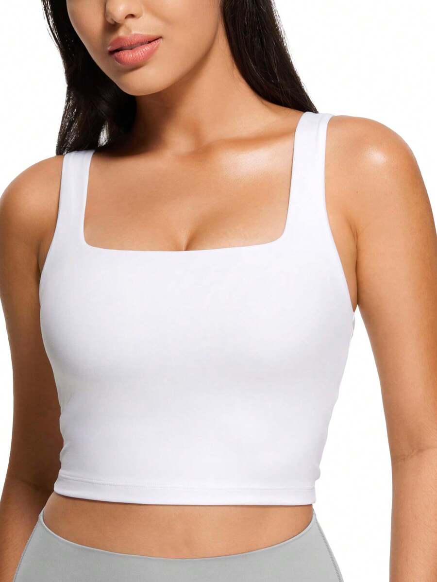 KAHULE Cute Double Layer Seamless Slim Fit Tank Tops Women's Square Neck Sleeveless Crop Tops - White - View 1