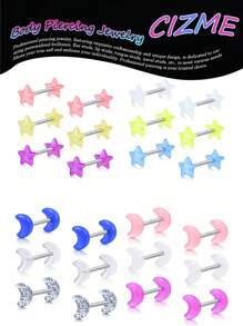 CIZME 16mm 14G Stainless Steel Straight Barbell Piercing Jewelry With Colorful Moon & Star Designs, Unisex Tongue/Nipple Ring - Straight Barbells - View 4