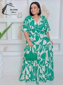 Plus Size V-Neck Long Short Sleeve Dress - Ước tính Cờ Xanh. - Xem 3