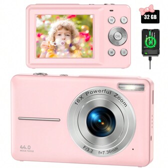 Nicamery 16X Zoom, 32 GB Hafıza Kartı, 2 Pil, Fotoğrafçılık İçin Uygun, Dijital Nokta ve Çekim, Kompakt Seyahat Kamerası, Gençler ve Yaşlılar İçin Harika Bir Hediye ile 44 MP 1080P Dijital Kamera