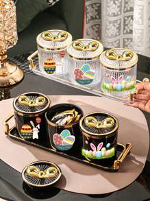 4pcs (3 Jars In 1 Tray) Easter Rabbit Plastic Multifunctional Storage Jar Sealed Jar Living Room Restaurant Kitchen Tray Set For Cereals, Candies, Biscuits, Bread, Suitable For Outdoor Weddings, Parties, Gifts, Birthdays - Multicolor - View 8