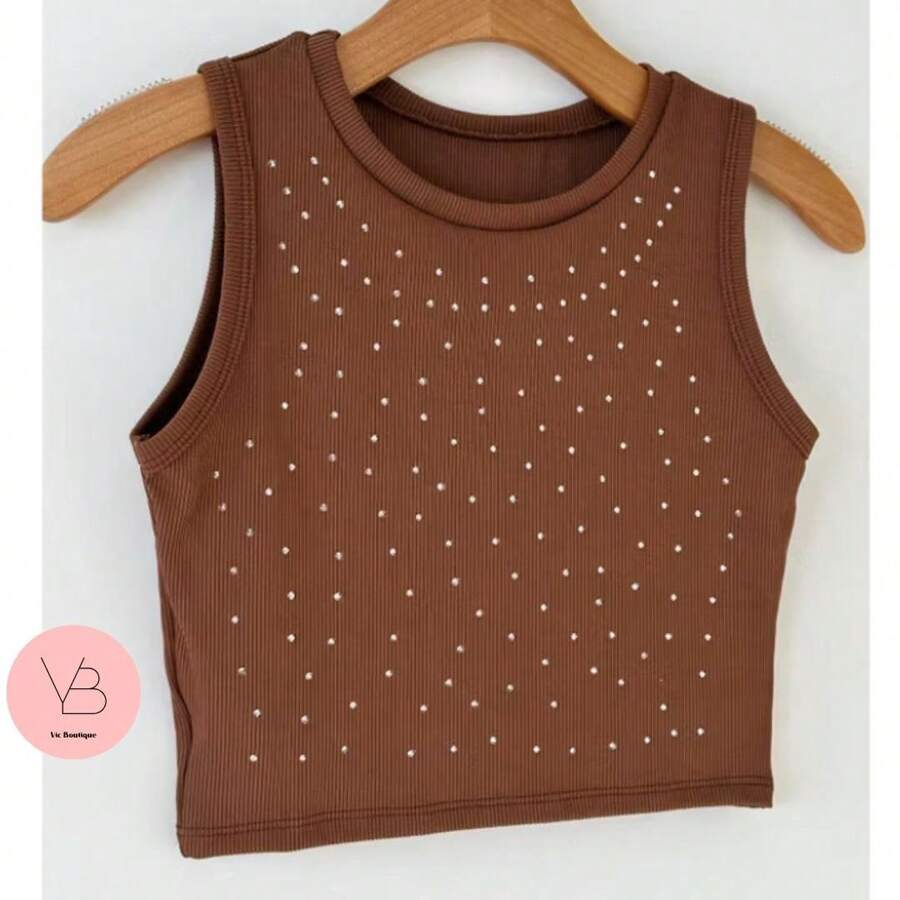 CROPPED TANK TOP WITH SHINY SKIN - Rỉ Nâu - Xem 1