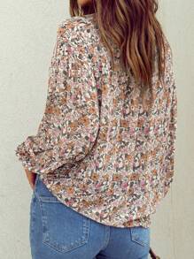 Printed Puff Sleeve Button Decor Round Neck Ruffle Hem Blouse, Women Autumn Clothing - Orange - View 2