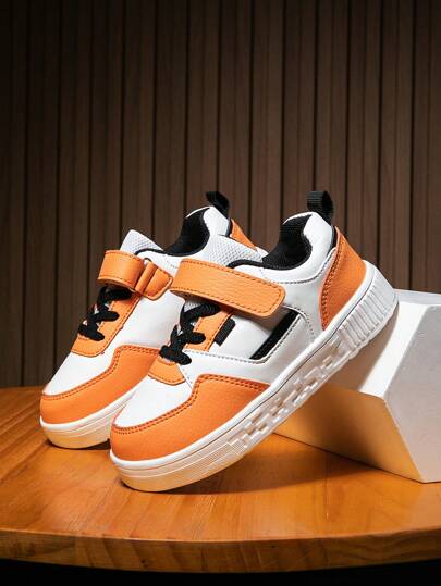 1 Pair Children's PU Hook And Loop Flat Bottom Easy-Care Athletic Casual Sneakers, Suitable For All Season