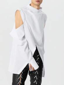 INCERUN Fashion Mens Stand Neck Cut Out Off-Shoulder Long Sleeve Tops Asymmetric Hem Casual Loose Shirt Blouse - 白色 - 查看 6