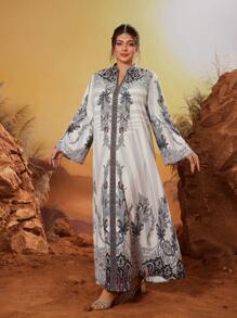 新款加大码优雅立领阿巴雅长袍，镶嵌水钻饰钉和珠子，多色中东风格长款端庄阿巴雅 - 彩色 - 查看 3