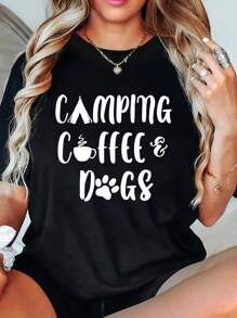 Womens Cotton Graphic Tee  Camping, Coffee  Dogs Print | Casual Crew Neck Short Sleeve Shirt For Spring  Summer | Machine Washable