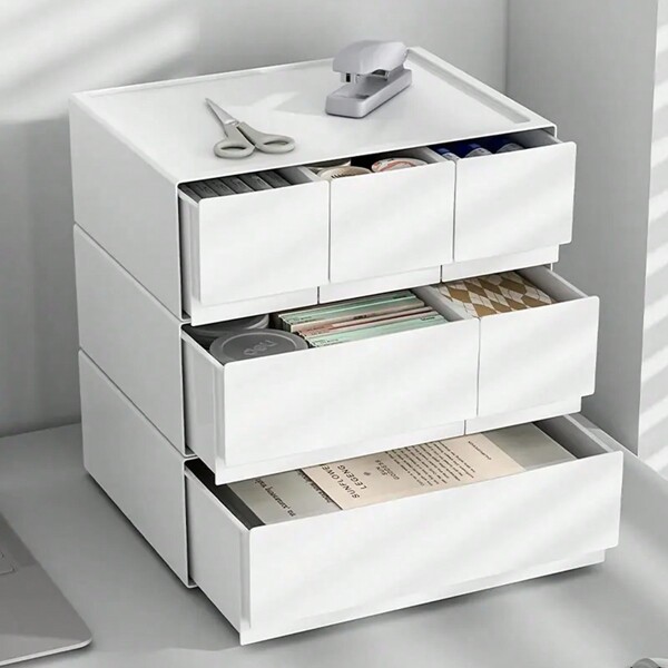 1pc Plastic Desktop Organizer Box, Multi-Layer Drawer Makeup Cosmetic Storage Box, Freely Combinable Back To School